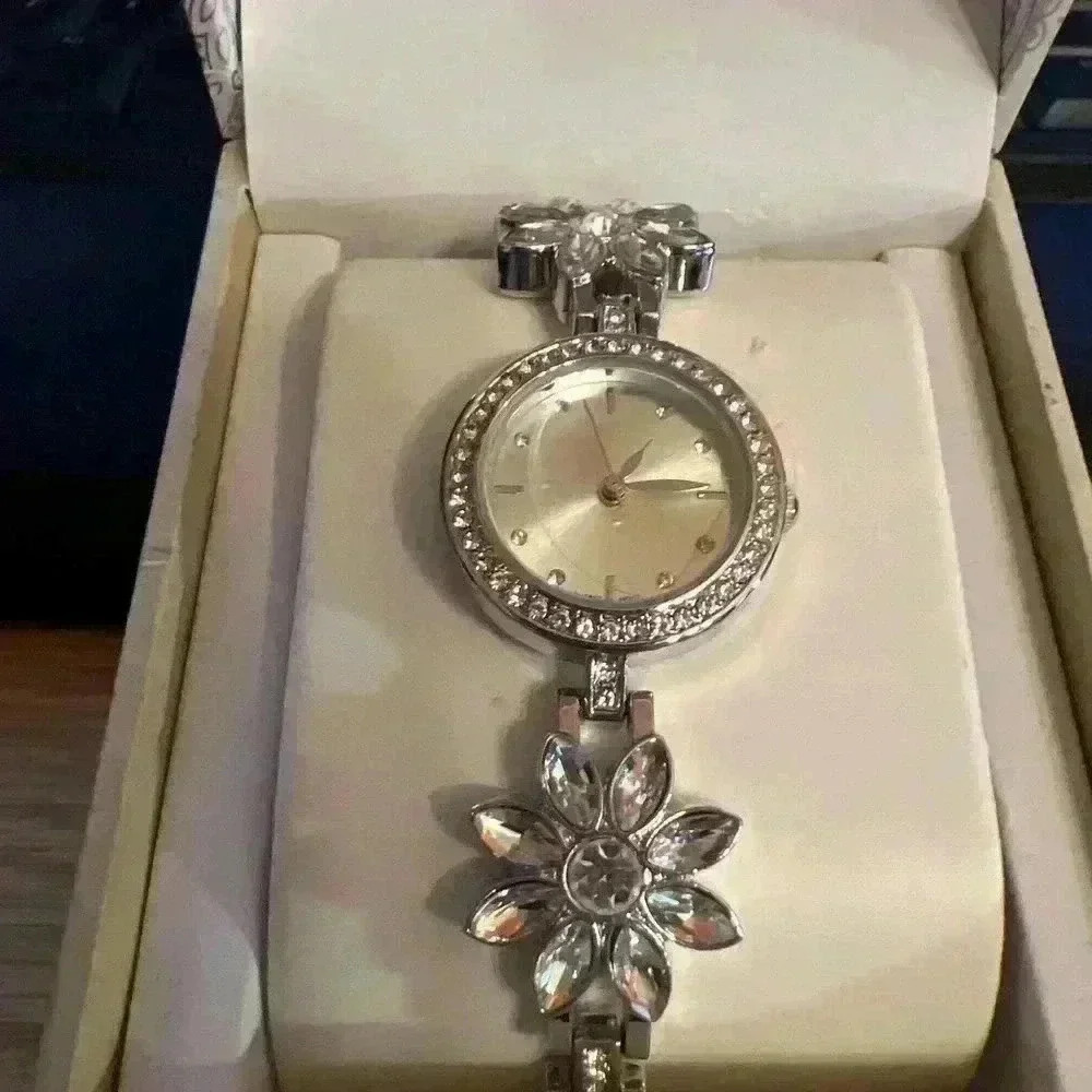 Charter Club Stainless Steel Clear Crystal Floral Band Watch New